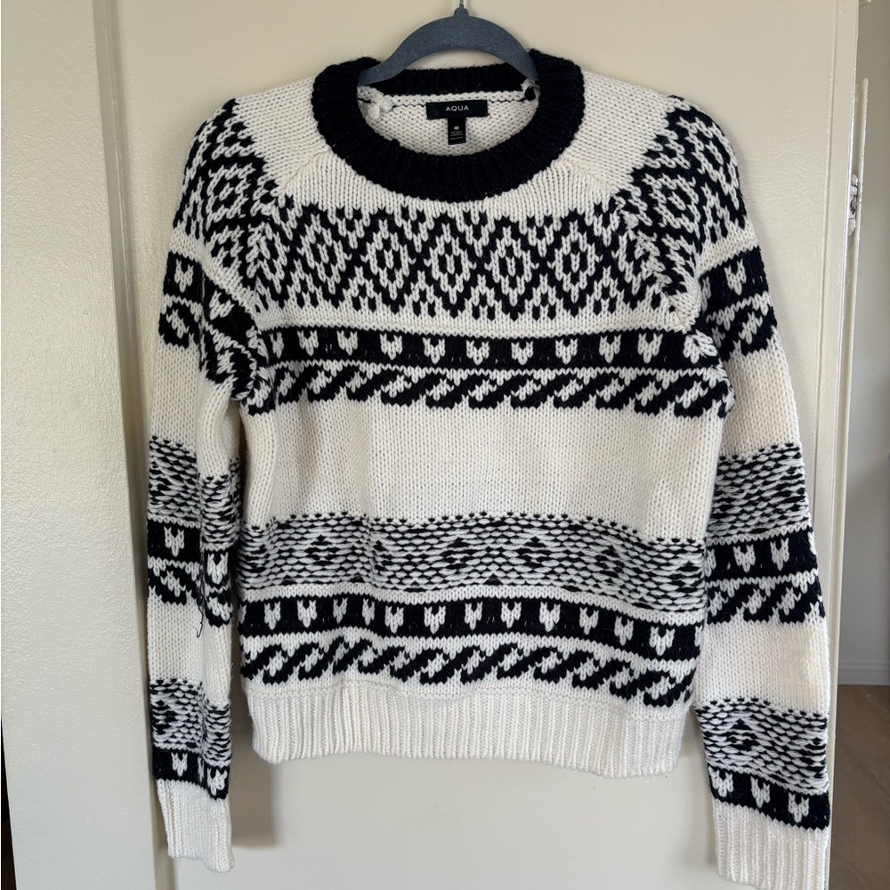 Aqua Black and White Striped Fair Isle Crewneck Sweater